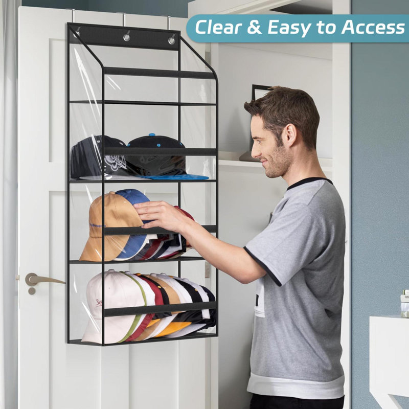 Rebrilliant Clear Over The Door Hat Racks For Baseball Caps Hold 48 Caps Hat Storage Organizer For Closet Wall Deep Pockets Hanging Hat Holder Shelves With 3 Hooks Black Wayfair